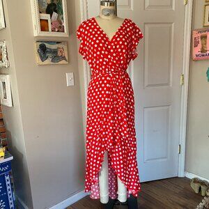 GRECELLE Red Polka dot ROCKABILLY Pin-Up Girl Ruffle Wrap Dress *LARGE*